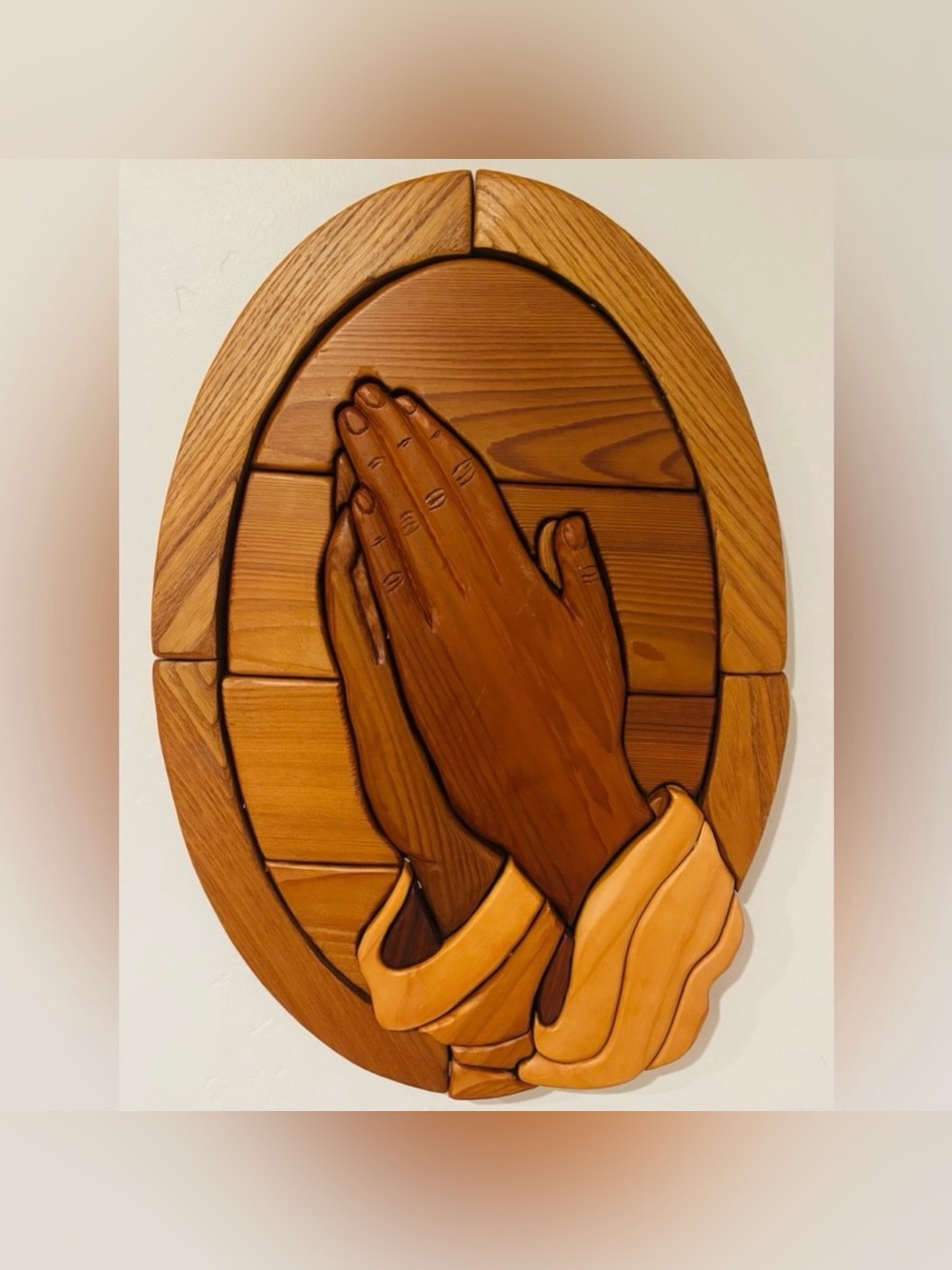 Praying Hands JESUS CHRIST Original Vintage Fine Art SOLID WOOD SCULPTURE Plaque
